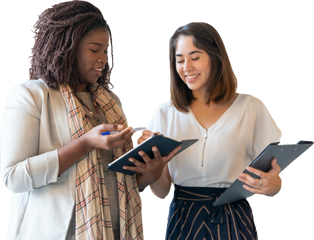 Diverse Women with Tablet and Folder Having Casual Meeting